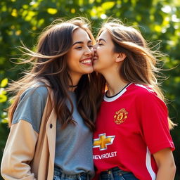 A portrait of a young woman wearing a vibrant Manchester United shirt, smiling joyfully as she leans in to kiss another girl