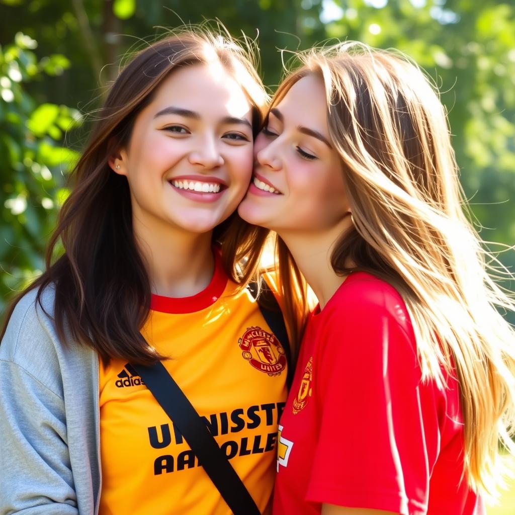 A portrait of a young woman wearing a vibrant Manchester United shirt, smiling joyfully as she leans in to kiss another girl