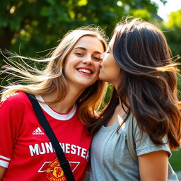 A portrait of a young woman wearing a vibrant Manchester United shirt, smiling joyfully as she leans in to kiss another girl