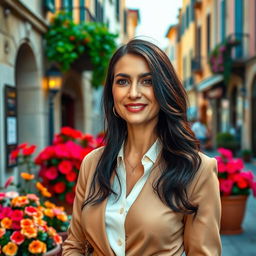 A 38-year-old woman with dark hair, stunning Italian features, dressed elegantly in a stylish outfit