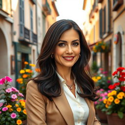 A 38-year-old woman with dark hair, stunning Italian features, dressed elegantly in a stylish outfit