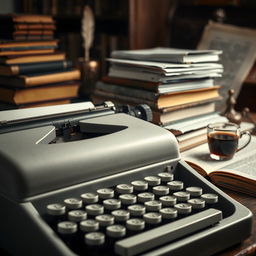 A classic scene depicting a writer's workspace featuring a vintage white and black typewriter surrounded by a stack of old books and papers