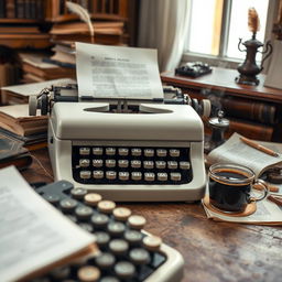 A classic scene depicting a writer's workspace featuring a vintage white and black typewriter surrounded by a stack of old books and papers