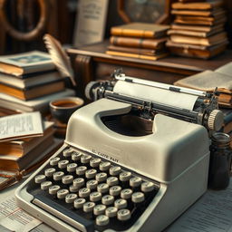 A classic scene depicting a writer's workspace featuring a vintage white and black typewriter surrounded by a stack of old books and papers