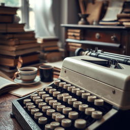 A classic scene depicting a writer's workspace featuring a vintage white and black typewriter surrounded by a stack of old books and papers