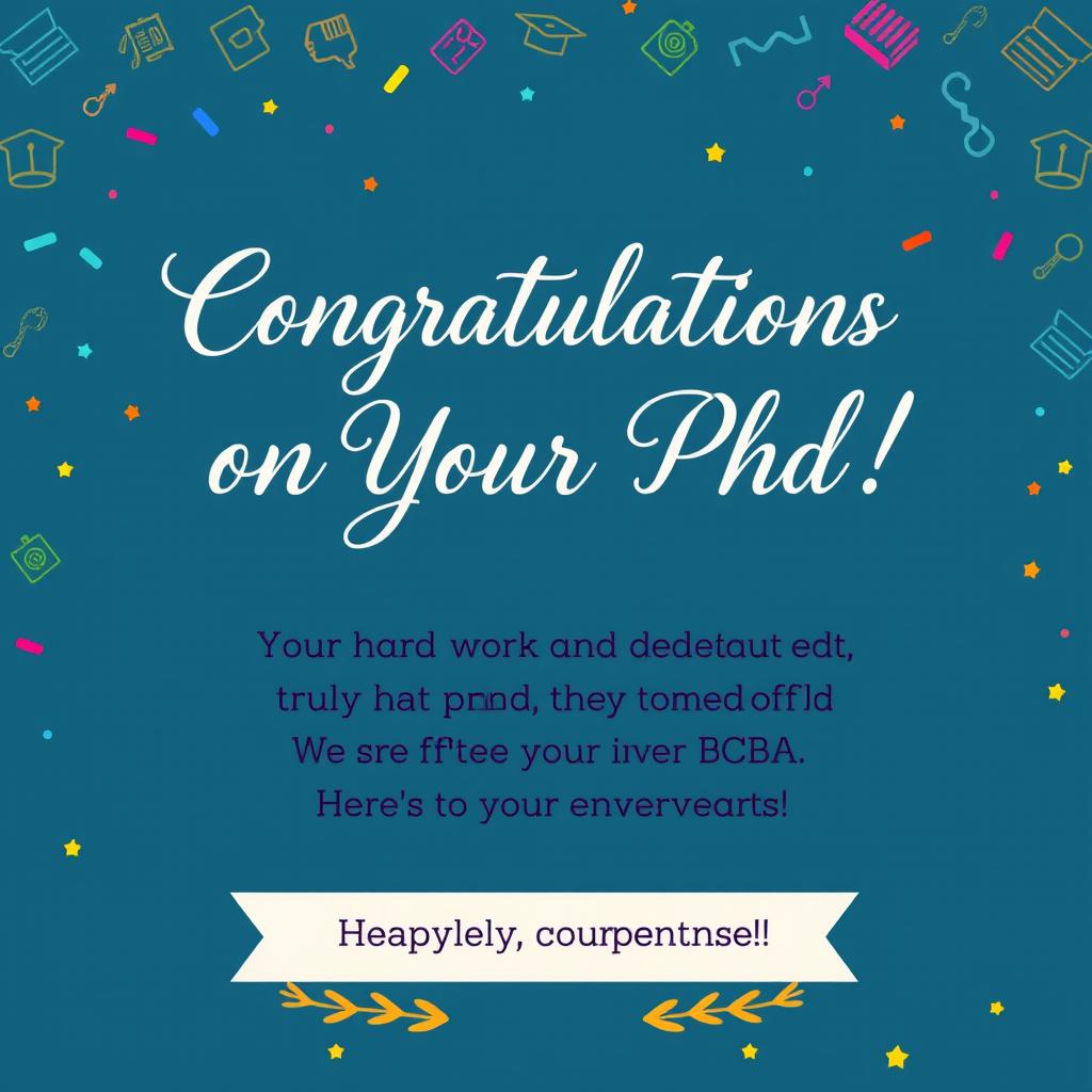 A beautifully designed congratulatory card for someone completing their PhD in BCBA (Board Certified Behavior Analyst)