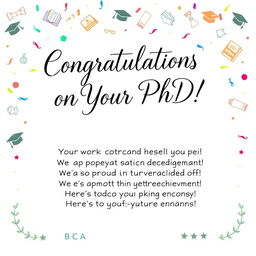 A beautifully designed congratulatory card for someone completing their PhD in BCBA (Board Certified Behavior Analyst)