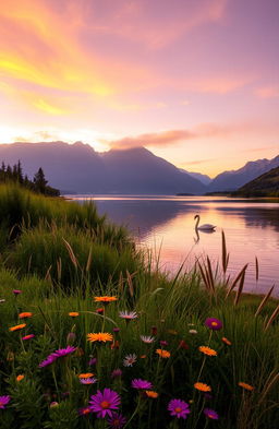 A serene landscape at sunset featuring a tranquil lake surrounded by lush greenery