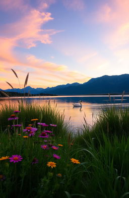A serene landscape at sunset featuring a tranquil lake surrounded by lush greenery
