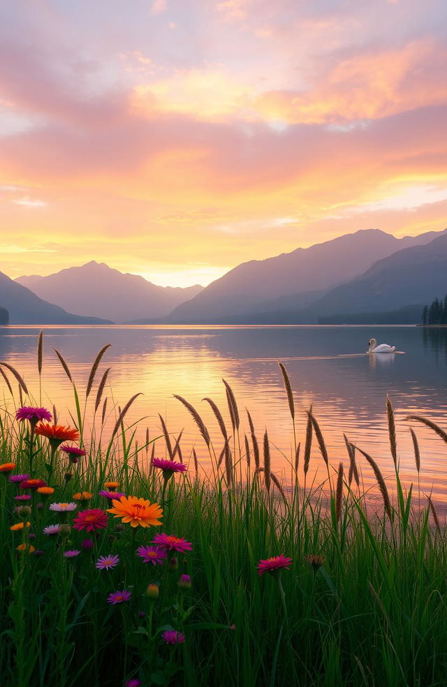 A serene landscape at sunset featuring a tranquil lake surrounded by lush greenery