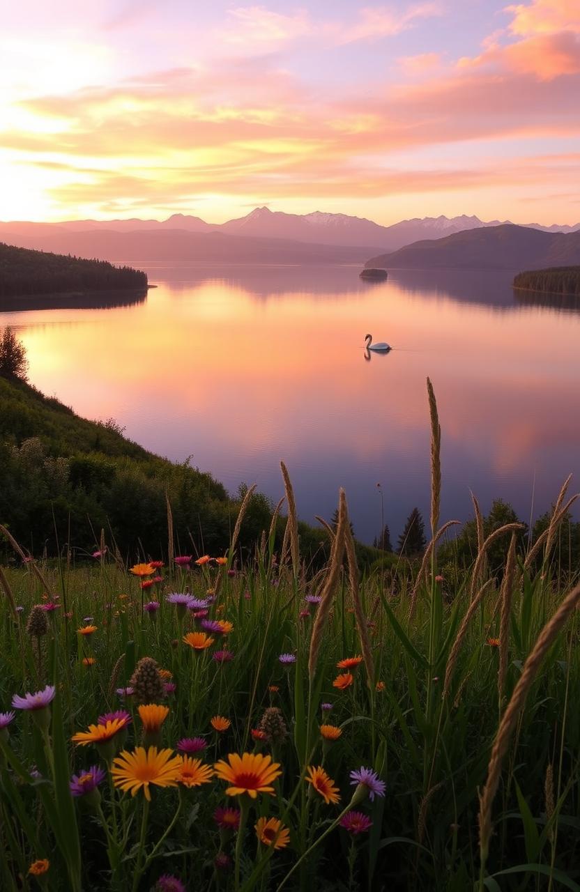 A serene landscape at sunset featuring a tranquil lake surrounded by lush greenery