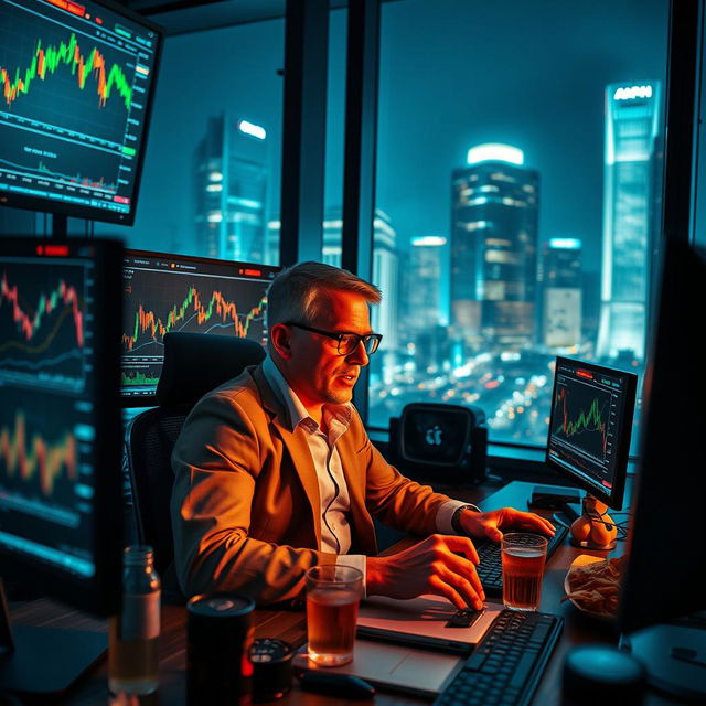 An action-packed scene of a crypto trader intensely focused on multiple screens displaying fluctuating cryptocurrency charts, graphs, and digital currency symbols