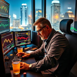 An action-packed scene of a crypto trader intensely focused on multiple screens displaying fluctuating cryptocurrency charts, graphs, and digital currency symbols