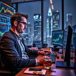 An action-packed scene of a crypto trader intensely focused on multiple screens displaying fluctuating cryptocurrency charts, graphs, and digital currency symbols