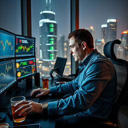 An action-packed scene of a crypto trader intensely focused on multiple screens displaying fluctuating cryptocurrency charts, graphs, and digital currency symbols