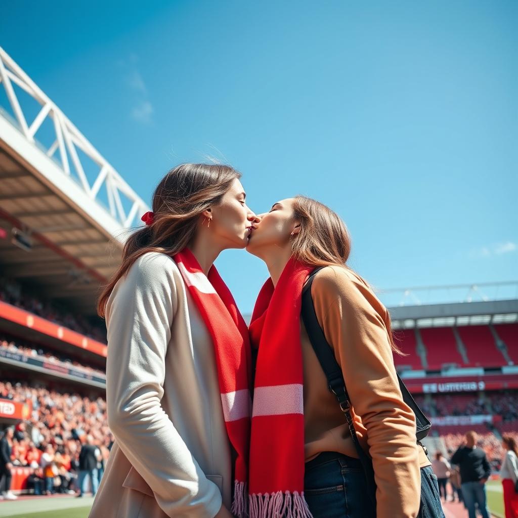 A vibrant scene capturing a beautiful moment of joy and affection between two young women sharing a kiss in the iconic Old Trafford stadium