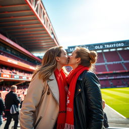 A vibrant scene capturing a beautiful moment of joy and affection between two young women sharing a kiss in the iconic Old Trafford stadium