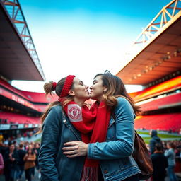 A vibrant scene capturing a beautiful moment of joy and affection between two young women sharing a kiss in the iconic Old Trafford stadium