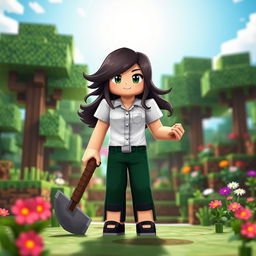 A female Minecraft character wearing a white shirt and dark green trousers, standing in a vibrant Minecraft landscape