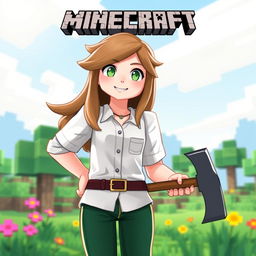 A female Minecraft character wearing a white shirt and dark green trousers, standing in a vibrant Minecraft landscape