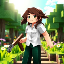 A female Minecraft character wearing a white shirt and dark green trousers, standing in a vibrant Minecraft landscape