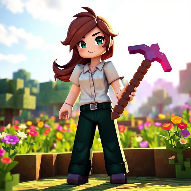 A female Minecraft character wearing a white shirt and dark green trousers, standing in a vibrant Minecraft landscape