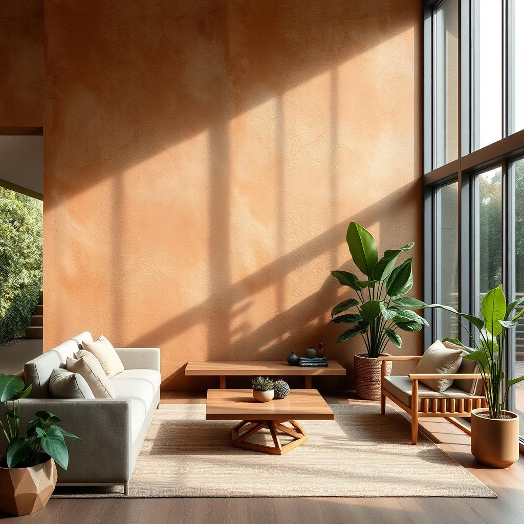 A contemporary interior design featuring a feature wall painted with mineral Asian texture paint, showcasing intricate patterns and muted earth tones such as clay, terracotta, and shades of green