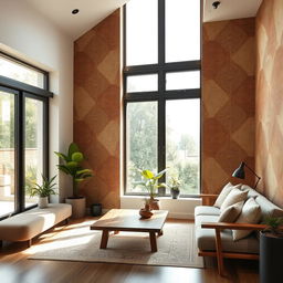 A contemporary interior design featuring a feature wall painted with mineral Asian texture paint, showcasing intricate patterns and muted earth tones such as clay, terracotta, and shades of green