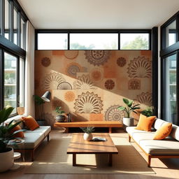 A contemporary interior design featuring a feature wall painted with mineral Asian texture paint, showcasing intricate patterns and muted earth tones such as clay, terracotta, and shades of green