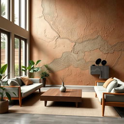 A contemporary interior design featuring a feature wall painted with mineral Asian texture paint, showcasing intricate patterns and muted earth tones such as clay, terracotta, and shades of green