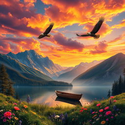 A stunning and detailed digital artwork of a vibrant sunset over a serene mountain landscape with colorful clouds adorning the sky