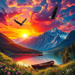 A stunning and detailed digital artwork of a vibrant sunset over a serene mountain landscape with colorful clouds adorning the sky