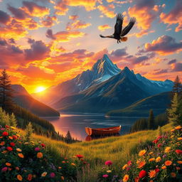 A stunning and detailed digital artwork of a vibrant sunset over a serene mountain landscape with colorful clouds adorning the sky