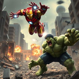 A dramatic scene featuring Iron Man and the Hulk in an epic battle