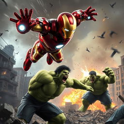 A dramatic scene featuring Iron Man and the Hulk in an epic battle