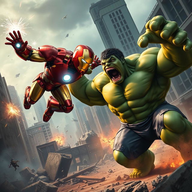 A dramatic scene featuring Iron Man and the Hulk in an epic battle