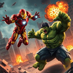 A dramatic scene featuring Iron Man and the Hulk in an epic battle