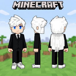 A Minecraft character skin featuring a boy with stylish white hair, wearing a sleek black suit and trendy white shoes