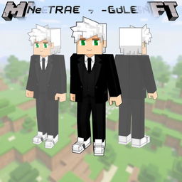 A Minecraft character skin featuring a boy with stylish white hair, wearing a sleek black suit and trendy white shoes