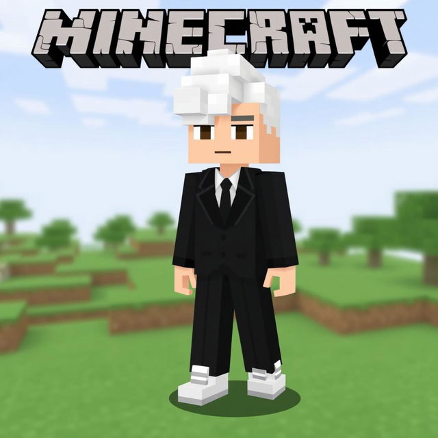 A Minecraft character skin featuring a boy with stylish white hair, wearing a sleek black suit and trendy white shoes