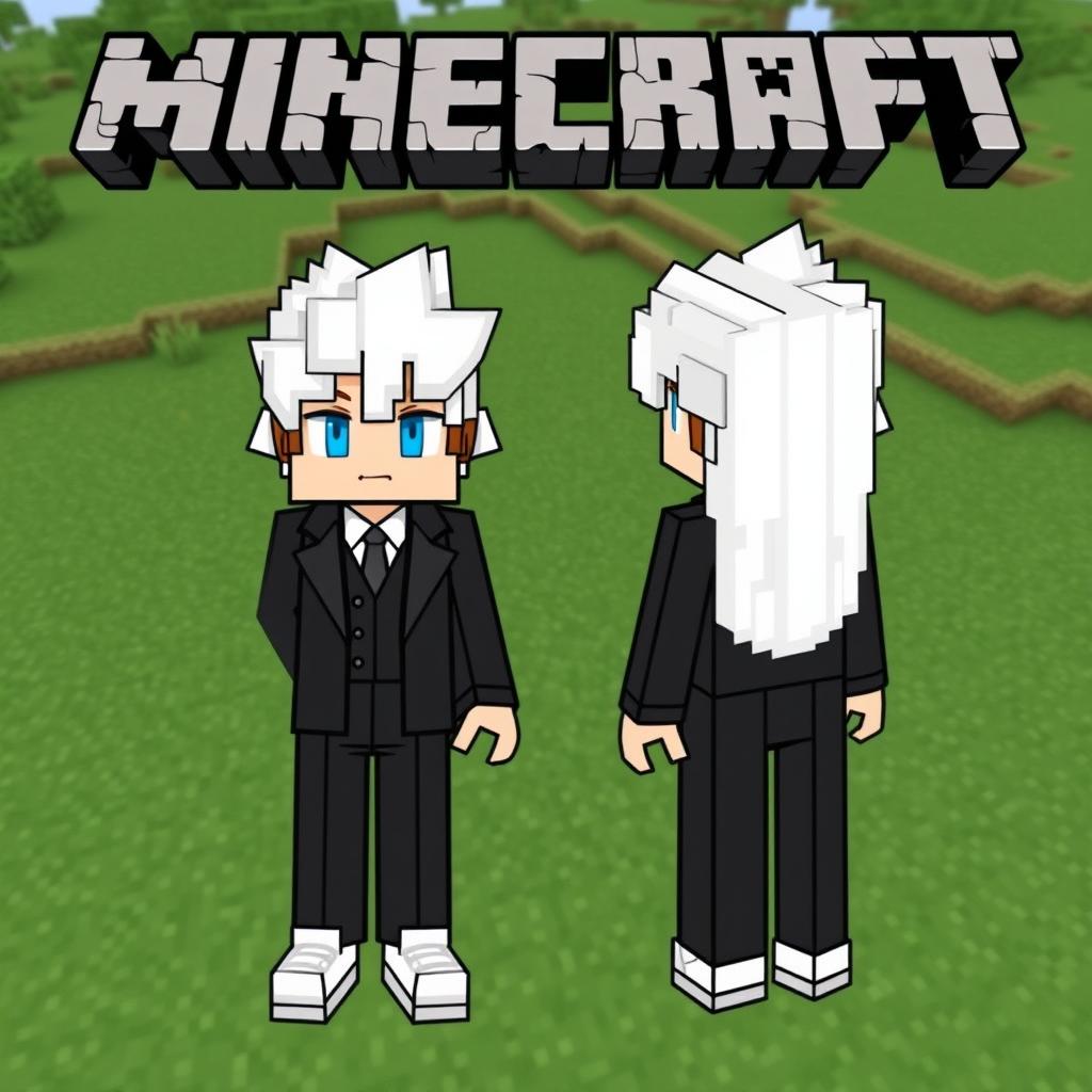 A Minecraft character skin featuring a boy with stylish white hair, wearing a sleek black suit and trendy white shoes