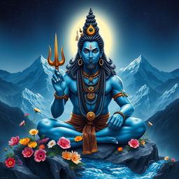 A powerful and majestic depiction of Mahadev, also known as Lord Shiva, sitting in a serene mountain landscape
