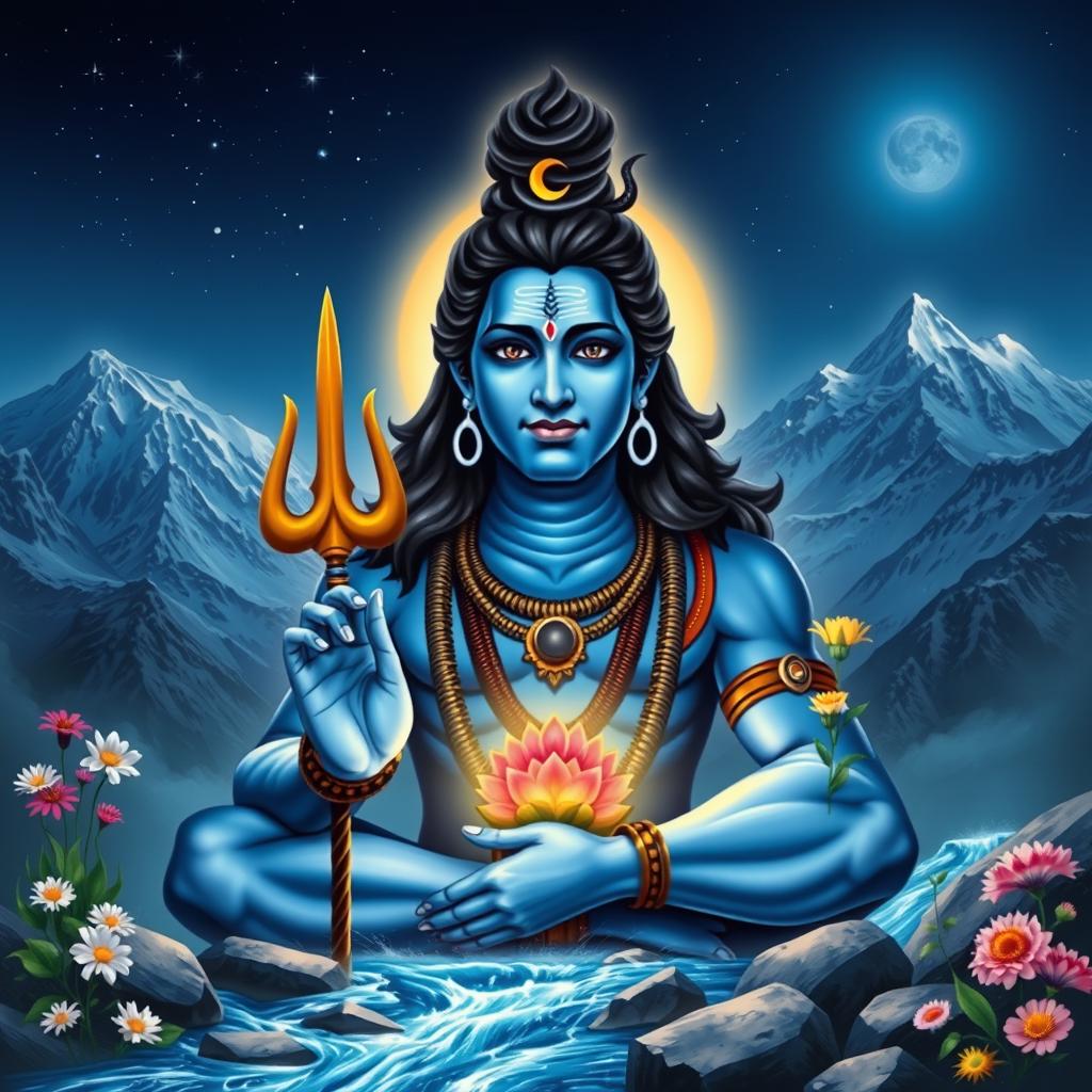 A powerful and majestic depiction of Mahadev, also known as Lord Shiva, sitting in a serene mountain landscape