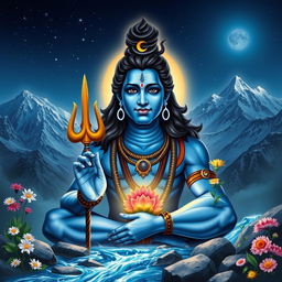 A powerful and majestic depiction of Mahadev, also known as Lord Shiva, sitting in a serene mountain landscape
