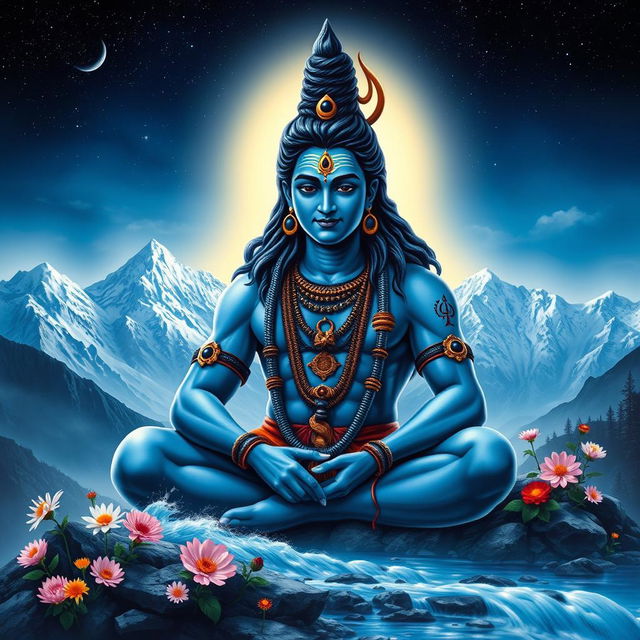 A powerful and majestic depiction of Mahadev, also known as Lord Shiva, sitting in a serene mountain landscape