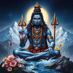 A powerful and majestic depiction of Mahadev, also known as Lord Shiva, sitting in a serene mountain landscape