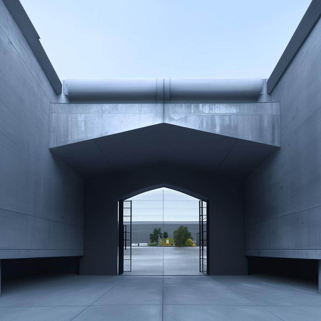 front view of gate of futuristic maximum-security penitentiary in broad daylight based on https://files.dreamhome.software/files/static/37174