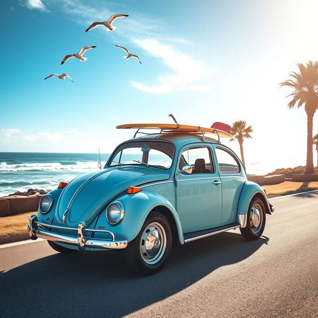 A classic Volkswagen Beetle parked under a sunny sky on a coastal road, showcasing its charming round shape and pastel blue color