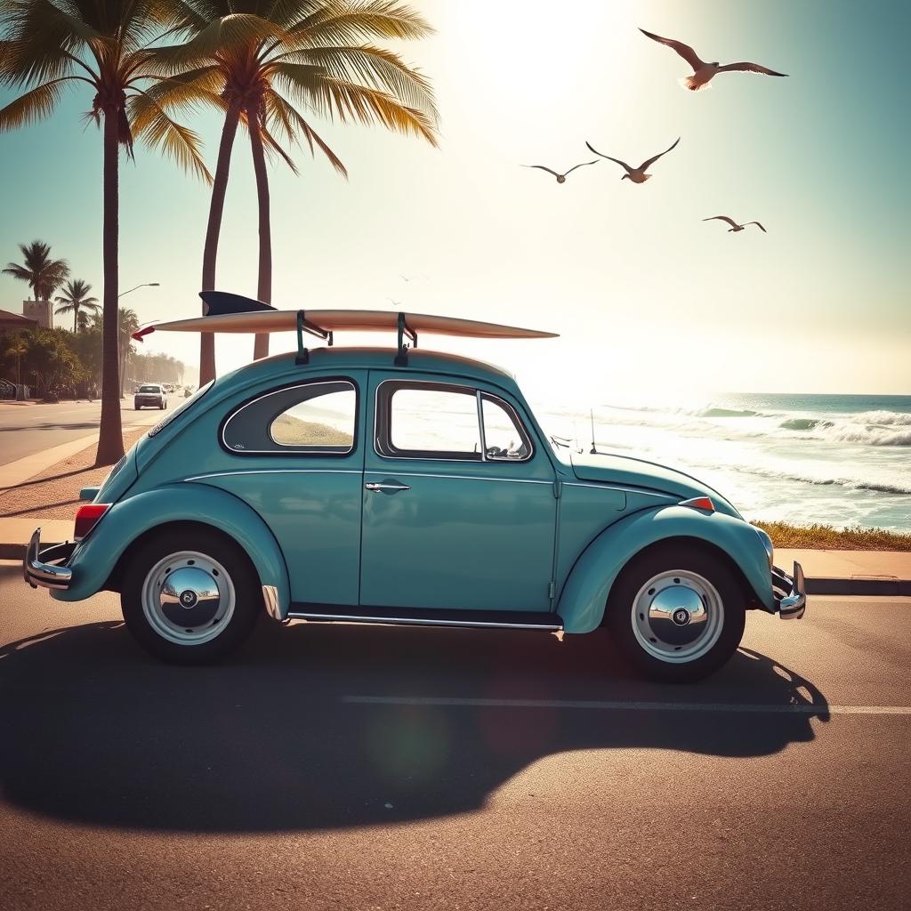 A classic Volkswagen Beetle parked under a sunny sky on a coastal road, showcasing its charming round shape and pastel blue color