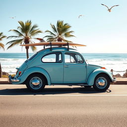 A classic Volkswagen Beetle parked under a sunny sky on a coastal road, showcasing its charming round shape and pastel blue color